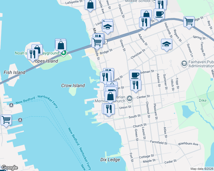 map of restaurants, bars, coffee shops, grocery stores, and more near 63 Main Street in Fairhaven
