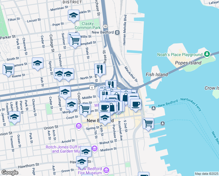 map of restaurants, bars, coffee shops, grocery stores, and more near 908 Purchase Street in New Bedford