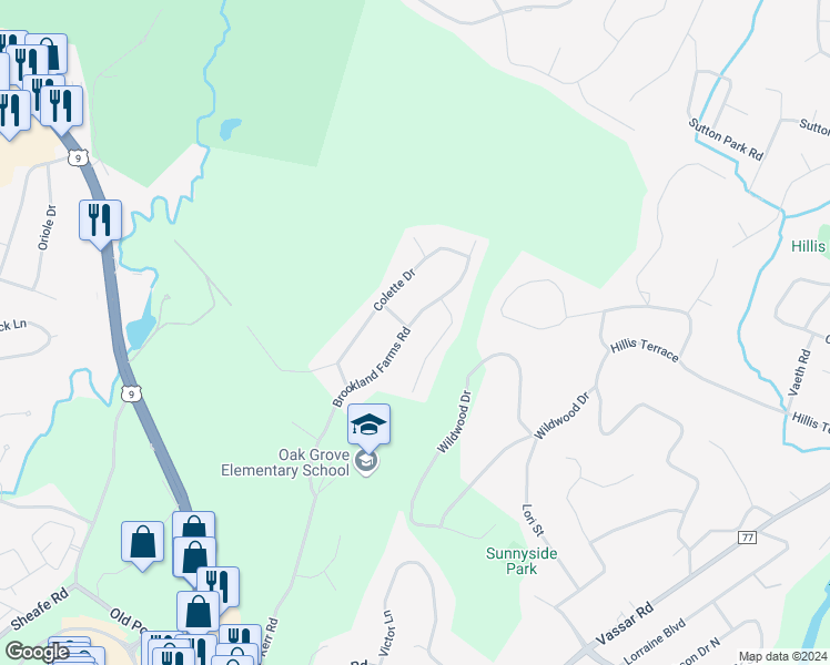 map of restaurants, bars, coffee shops, grocery stores, and more near 30 Brookland Farms Road in Poughkeepsie