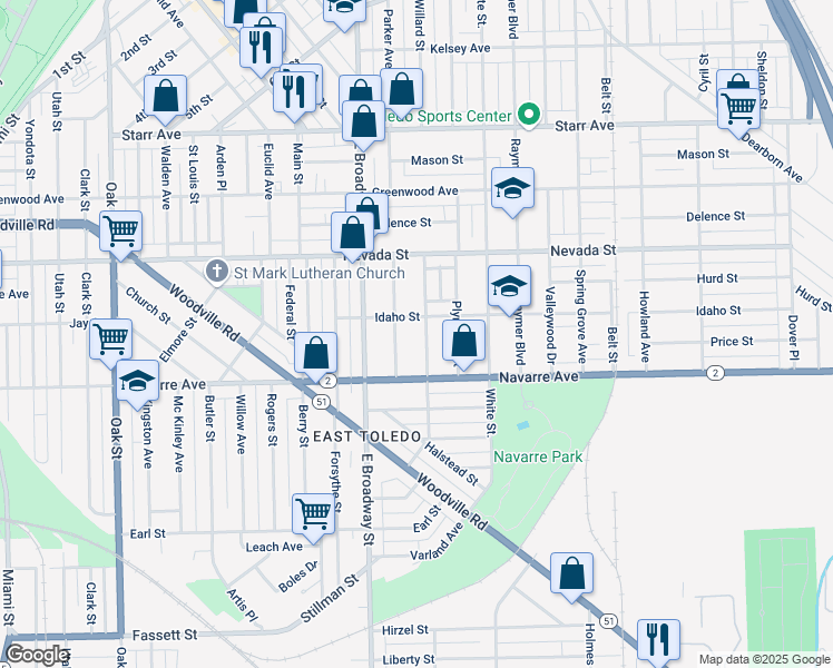 map of restaurants, bars, coffee shops, grocery stores, and more near in Toledo