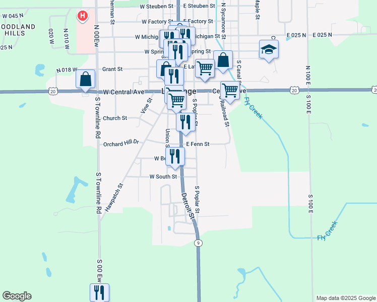 map of restaurants, bars, coffee shops, grocery stores, and more near East Bell Street in LaGrange