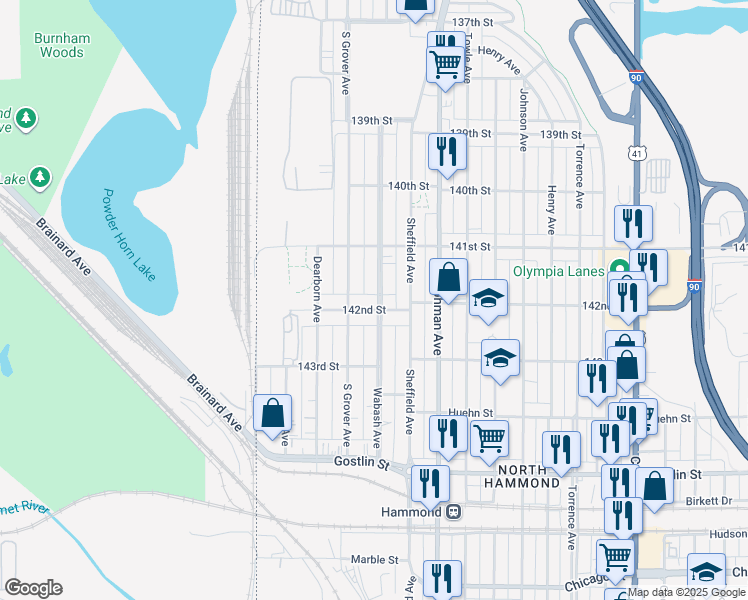 map of restaurants, bars, coffee shops, grocery stores, and more near 214 142nd Street in Hammond