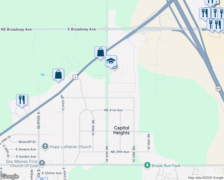 map of restaurants, bars, coffee shops, grocery stores, and more near 4601 East Valdez Drive in Des Moines