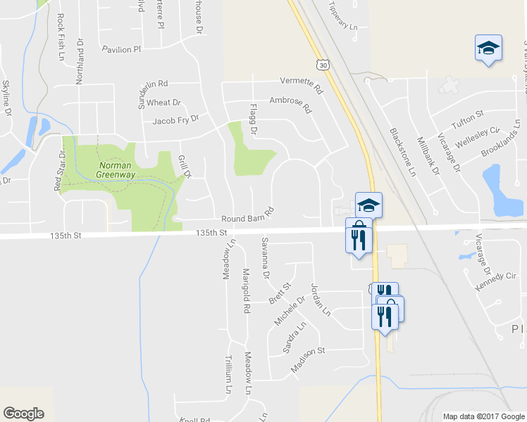 map of restaurants, bars, coffee shops, grocery stores, and more near 25030 Round Barn Road in Plainfield