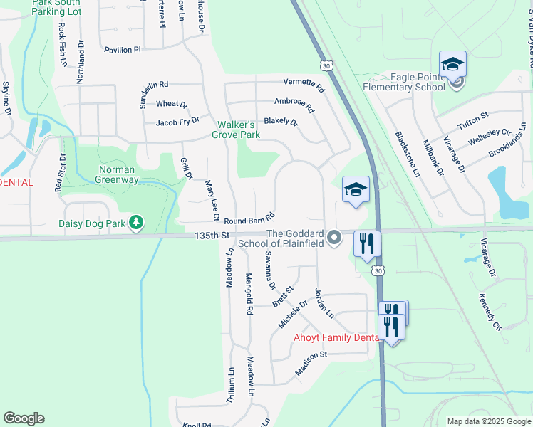 map of restaurants, bars, coffee shops, grocery stores, and more near 25030 Round Barn Road in Plainfield