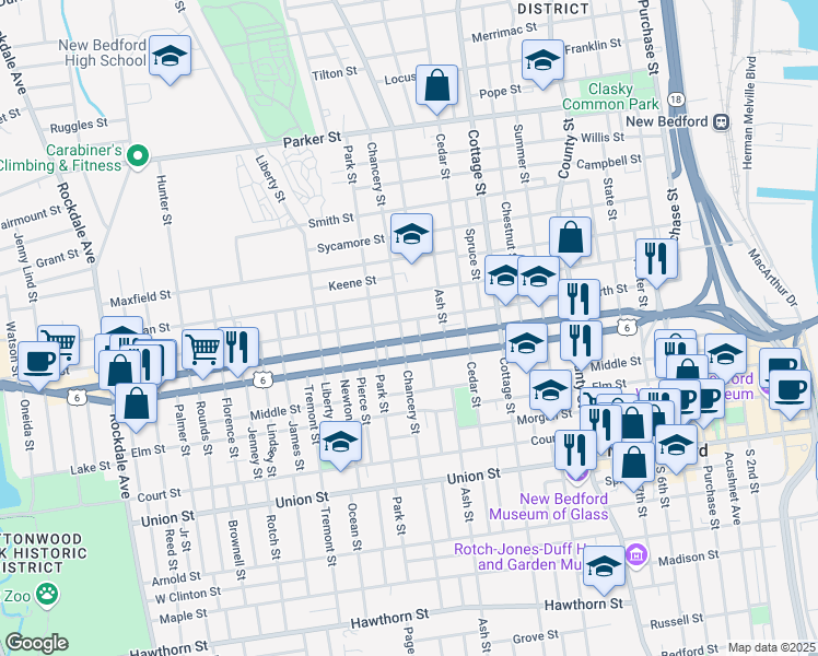 map of restaurants, bars, coffee shops, grocery stores, and more near 485 Kempton Street in New Bedford