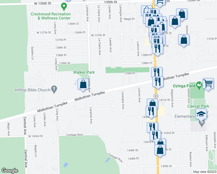 map of restaurants, bars, coffee shops, grocery stores, and more near 13950 East Leamington Drive in Crestwood