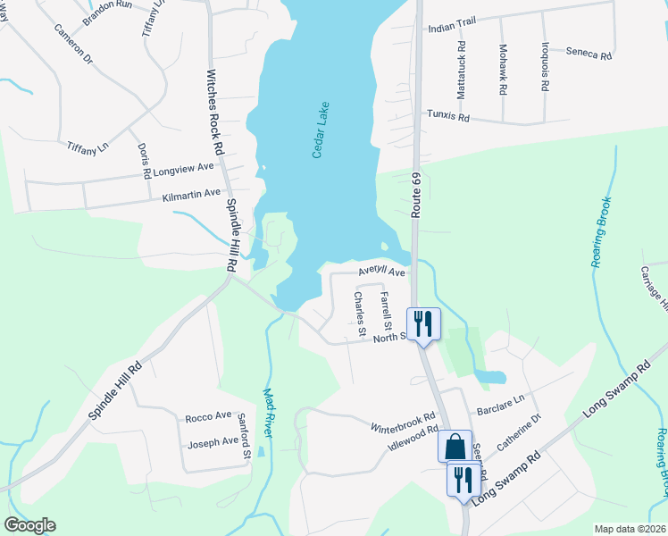 map of restaurants, bars, coffee shops, grocery stores, and more near 9 Averyll Avenue in Wolcott