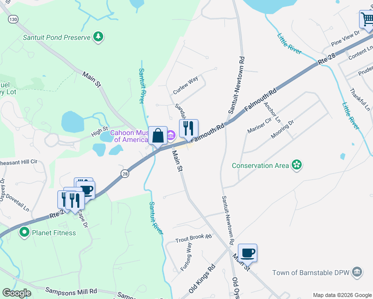map of restaurants, bars, coffee shops, grocery stores, and more near 46 Main Street in Barnstable