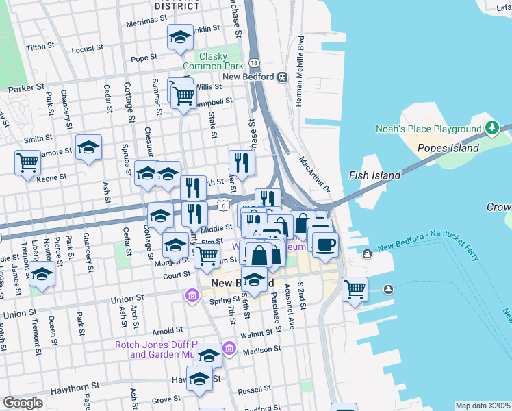 map of restaurants, bars, coffee shops, grocery stores, and more near 800 Pleasant Street in New Bedford