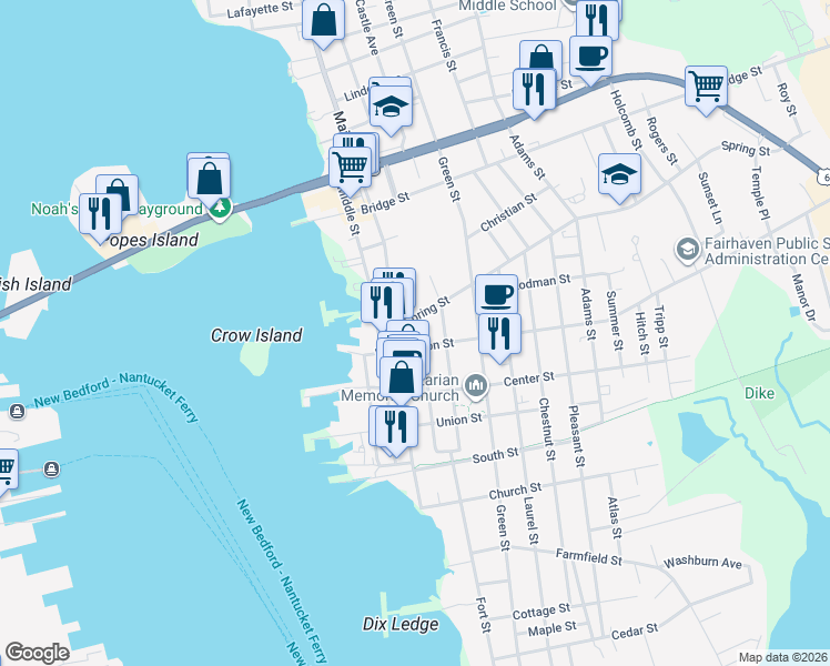 map of restaurants, bars, coffee shops, grocery stores, and more near 63 Main Street in Fairhaven
