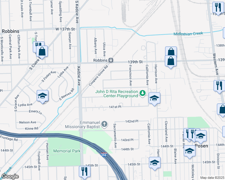 map of restaurants, bars, coffee shops, grocery stores, and more near 3018 141st Street in Blue Island