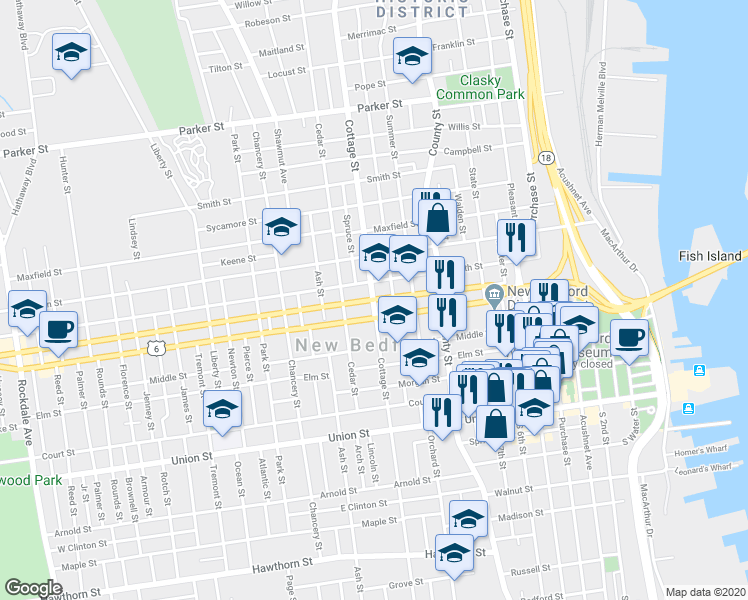 map of restaurants, bars, coffee shops, grocery stores, and more near 157 Mill Street in New Bedford