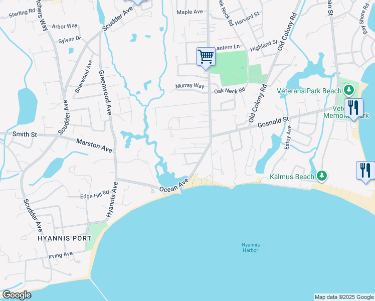 map of restaurants, bars, coffee shops, grocery stores, and more near 5 Houghton Road in Barnstable