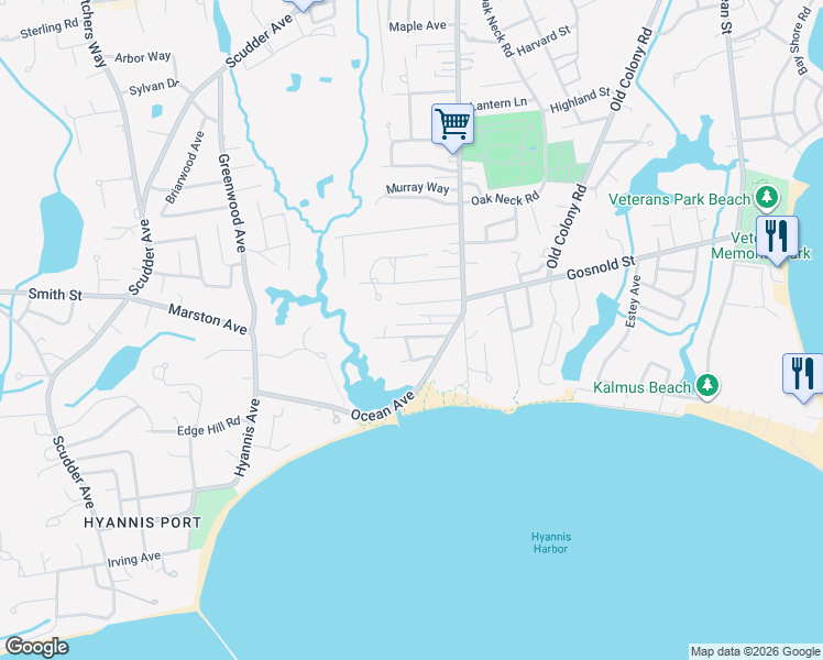 map of restaurants, bars, coffee shops, grocery stores, and more near 5 Houghton Road in Barnstable