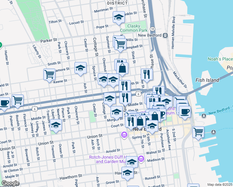map of restaurants, bars, coffee shops, grocery stores, and more near in New Bedford