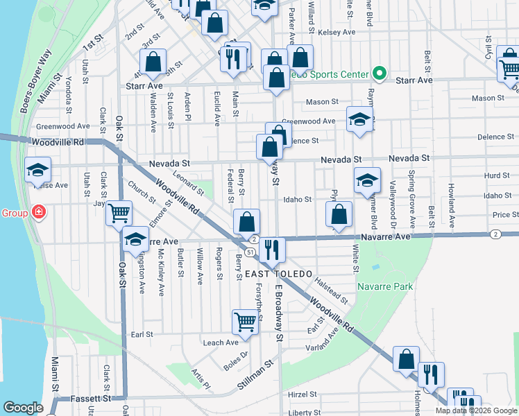 map of restaurants, bars, coffee shops, grocery stores, and more near 745 Forsythe Street in Toledo