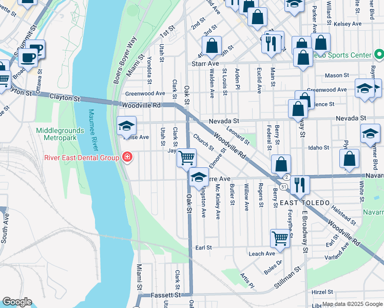 map of restaurants, bars, coffee shops, grocery stores, and more near 567 Viking Street in Toledo