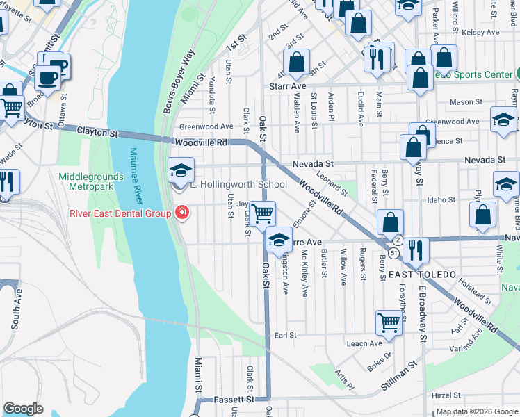 map of restaurants, bars, coffee shops, grocery stores, and more near 733 Clark Street in Toledo