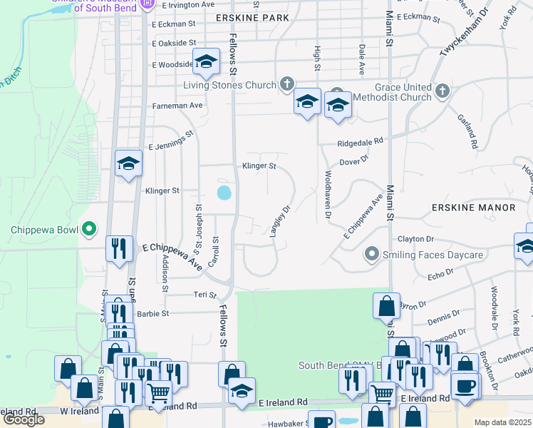 map of restaurants, bars, coffee shops, grocery stores, and more near 3599-3799 Langley Dr in South Bend