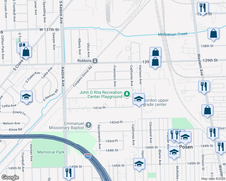 map of restaurants, bars, coffee shops, grocery stores, and more near 2900 141st Street in Blue Island