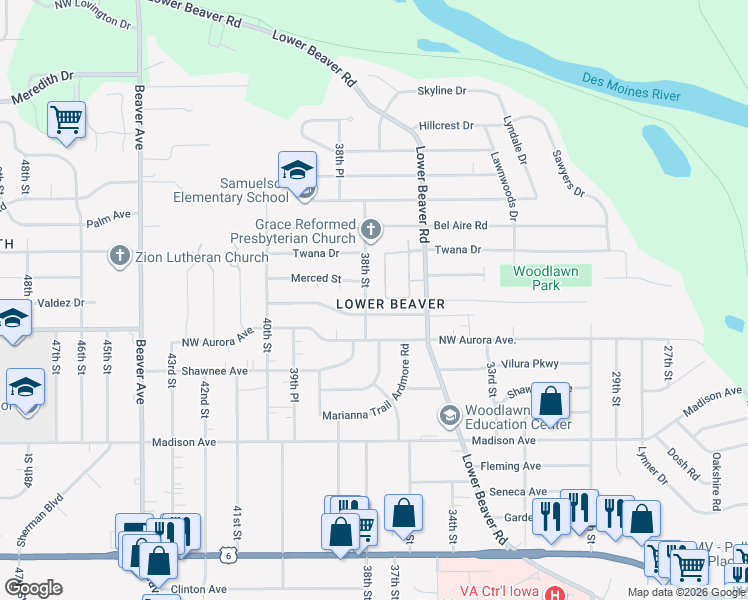 map of restaurants, bars, coffee shops, grocery stores, and more near 3608 Valdez Drive in Des Moines