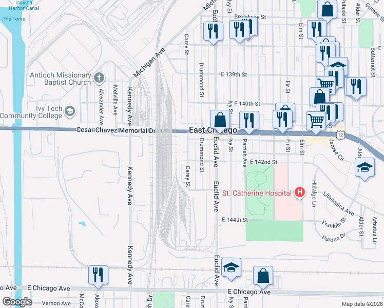 map of restaurants, bars, coffee shops, grocery stores, and more near 4204 Drummond Street in East Chicago
