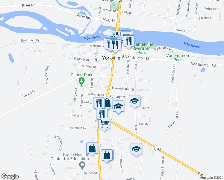 map of restaurants, bars, coffee shops, grocery stores, and more near 104 East Washington Street in Yorkville