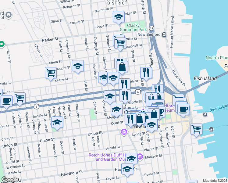 map of restaurants, bars, coffee shops, grocery stores, and more near 124 Mill Street in New Bedford