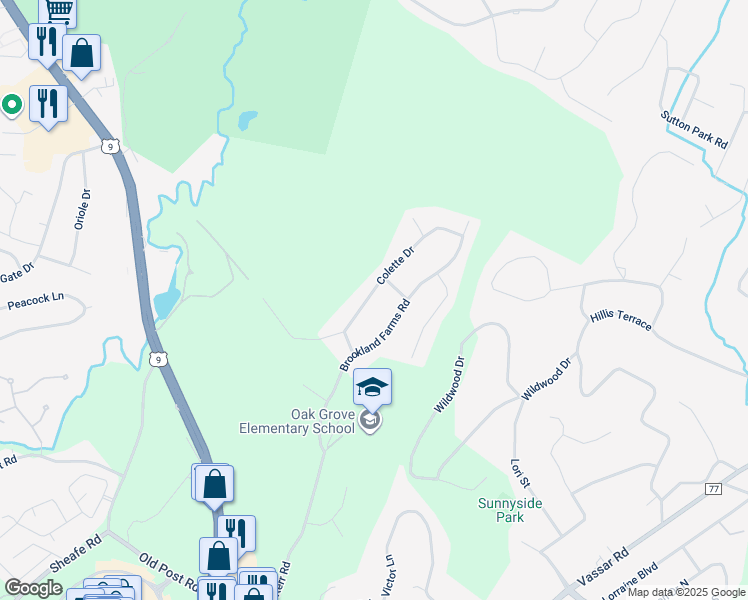 map of restaurants, bars, coffee shops, grocery stores, and more near 25 Brookland Farms Road in Poughkeepsie