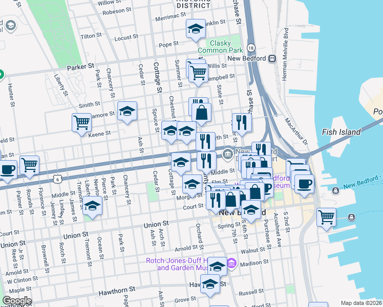 map of restaurants, bars, coffee shops, grocery stores, and more near in New Bedford