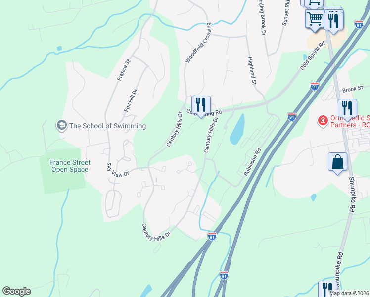 map of restaurants, bars, coffee shops, grocery stores, and more near 20 Danforth Lane in Rocky Hill