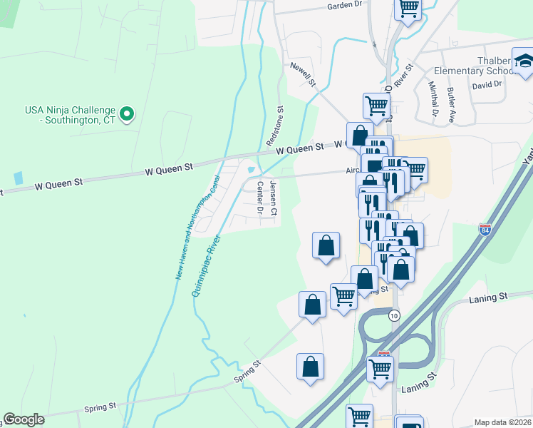 map of restaurants, bars, coffee shops, grocery stores, and more near 3 Center Drive in Southington