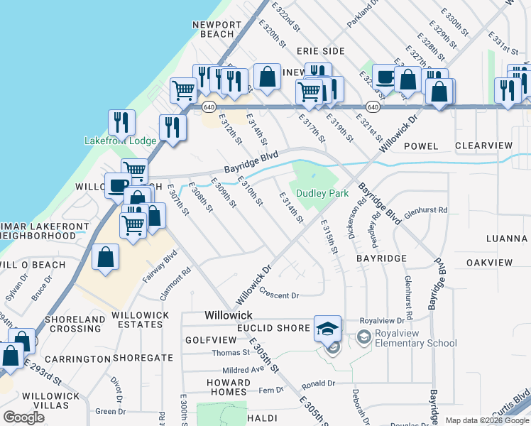 map of restaurants, bars, coffee shops, grocery stores, and more near 437 East 309th Street in Willowick