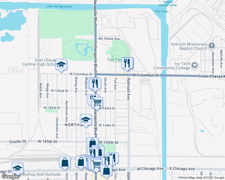 map of restaurants, bars, coffee shops, grocery stores, and more near 4216 Tod Avenue in East Chicago