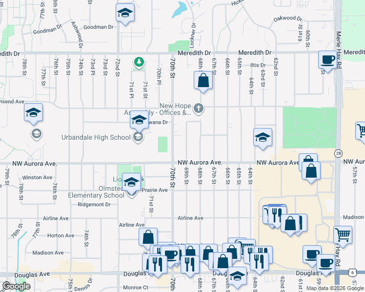 map of restaurants, bars, coffee shops, grocery stores, and more near 4205 69th Street in Urbandale
