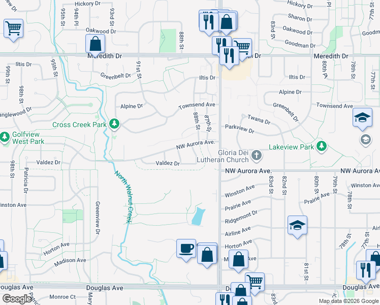 map of restaurants, bars, coffee shops, grocery stores, and more near 8910 Valdez Drive in Urbandale