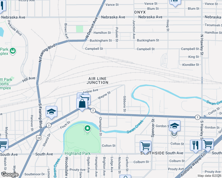map of restaurants, bars, coffee shops, grocery stores, and more near 140 Dale Street in Toledo