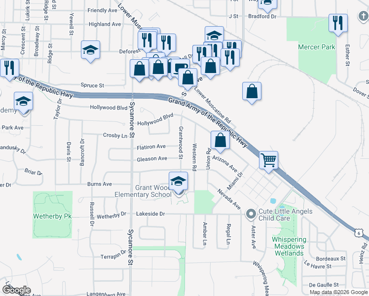 map of restaurants, bars, coffee shops, grocery stores, and more near 1932-1938 Grantwood Street in Iowa City