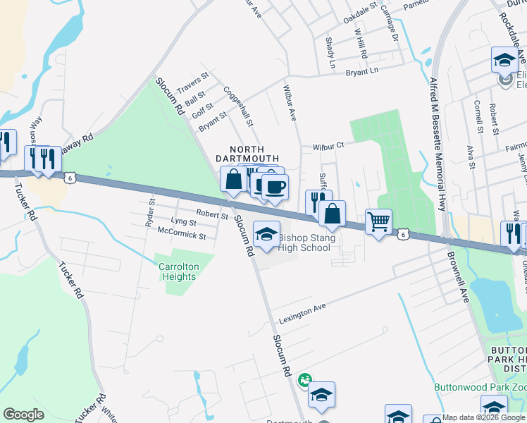 map of restaurants, bars, coffee shops, grocery stores, and more near 101 State Road in Dartmouth