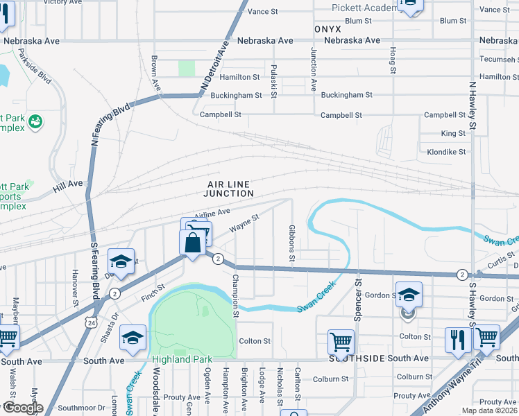 map of restaurants, bars, coffee shops, grocery stores, and more near 1535 Airline Avenue in Toledo