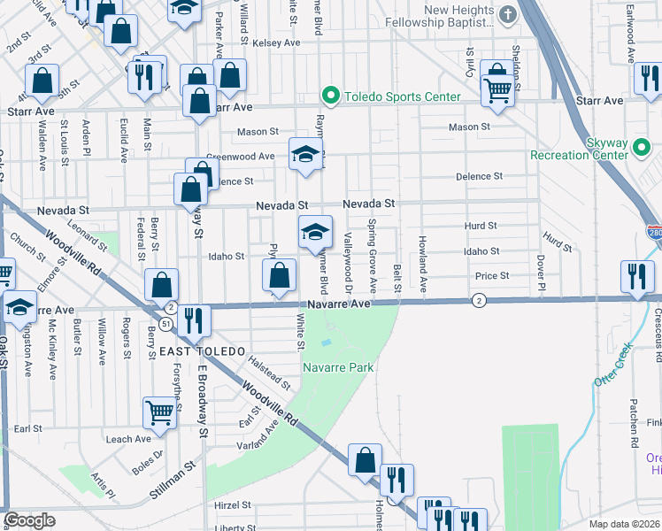 map of restaurants, bars, coffee shops, grocery stores, and more near 651 Raymer Boulevard in Toledo