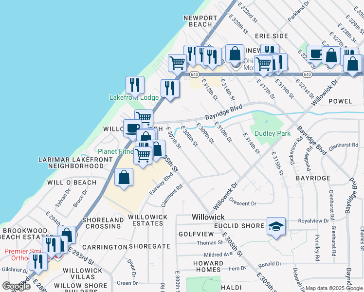 map of restaurants, bars, coffee shops, grocery stores, and more near 315 East 307th Street in Willowick