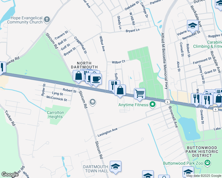 map of restaurants, bars, coffee shops, grocery stores, and more near 16 Suffolk Avenue in Dartmouth