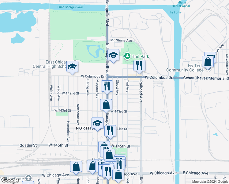 map of restaurants, bars, coffee shops, grocery stores, and more near 4122 Olcott Avenue in East Chicago