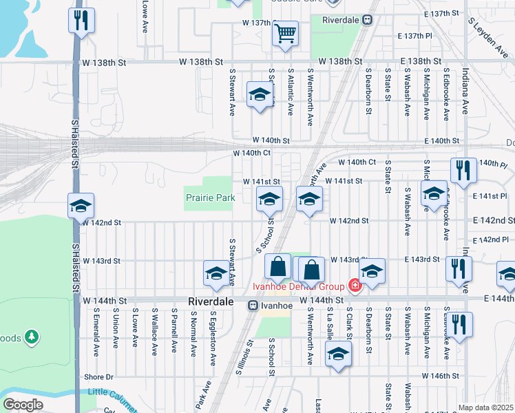 map of restaurants, bars, coffee shops, grocery stores, and more near 14113 South Tracy Avenue in Riverdale