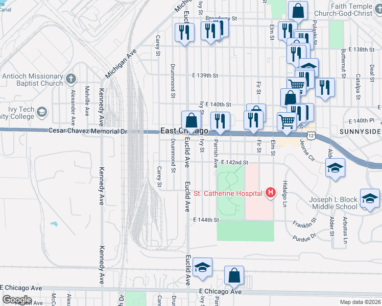 map of restaurants, bars, coffee shops, grocery stores, and more near in East Chicago