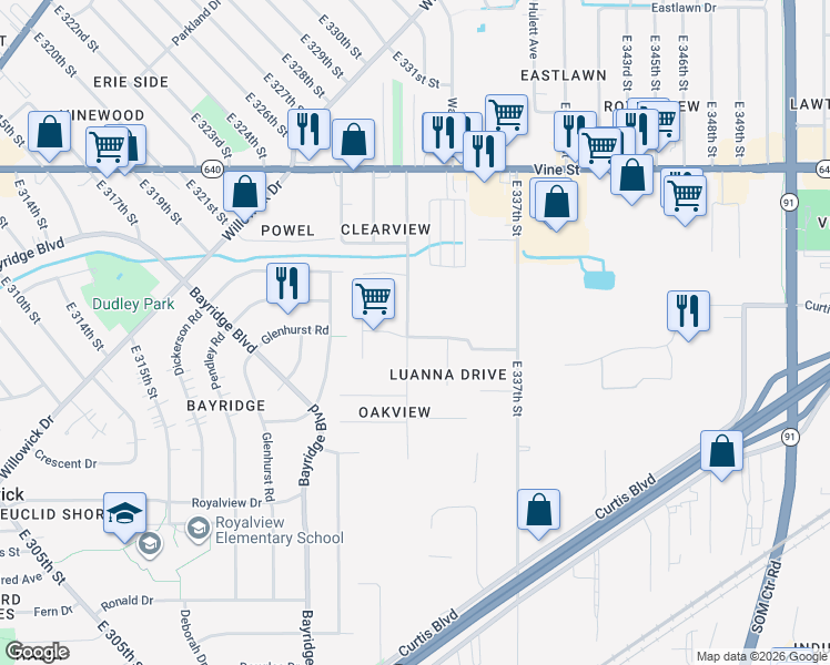 map of restaurants, bars, coffee shops, grocery stores, and more near 1551 East 332nd Street in Eastlake