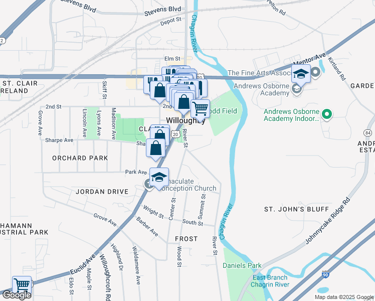 map of restaurants, bars, coffee shops, grocery stores, and more near 4314 River Street in Willoughby