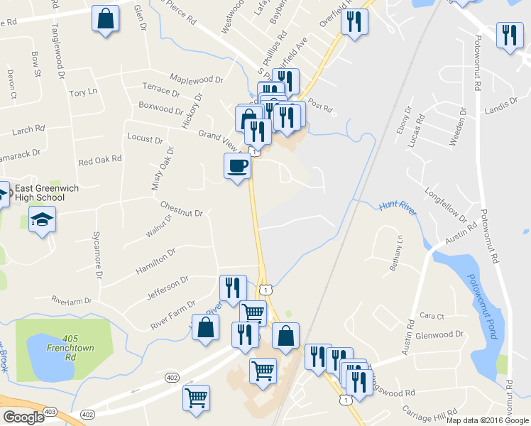 map of restaurants, bars, coffee shops, grocery stores, and more near 5800 Post Road in East Greenwich